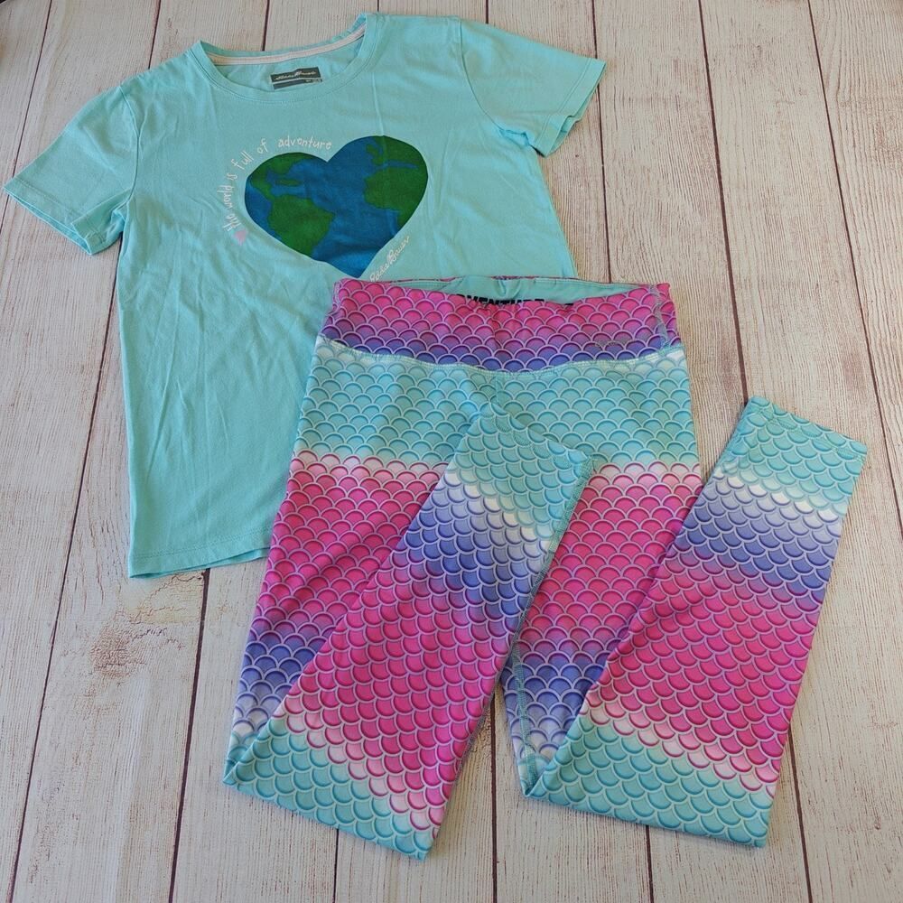 Eddie Bauer blue graphic tee & mermaid scale legging set sz L (14/16)